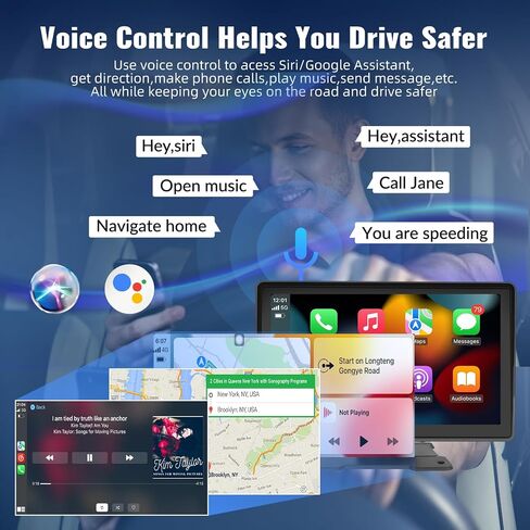 ستيريو سيارة Apple Carplay لاسلكي محمول بشاشة 7 بوصة تعمل باللمس Android Auto مع كاميرا احتياطية AHD، بلوتوث 5.1، وصلة مرآة، جهاز تحكم عن بعد، EQ، FM، Siri، راديو السيارة مع بطاقة TF سعة 64 جيجابايت in Saudi Arabia