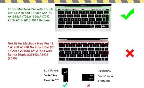 غطاء لوحة مفاتيح من السيليكون بشريط اللمس من HRH متوافق مع جهاز MacBook Pro مع شريط اللمس 13 بوصة و15 بوصة (A2159/A1989/A1706،A1990/A1707) 2019 2018 2016 2017 إصدار أوروبي، أسود in Kuwait