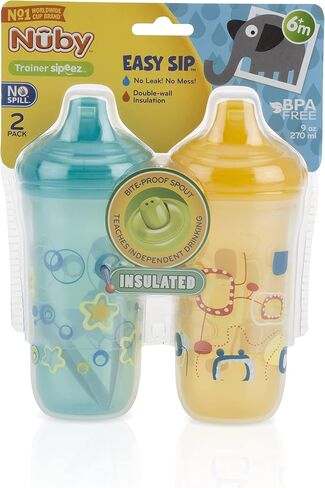 Nuby No-Spill Insulated Hard Spout 9 oz Cup, Colors/Prints May Vary,2 Count (Pack of 1) in Saudi Arabia