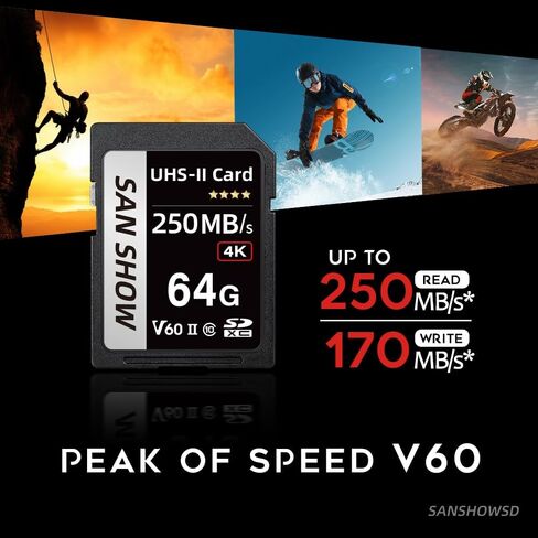 بطاقة SD V60 بسعة 64 جيجابايت - UHS-II U3 ​​بسرعة 250 ميجابايت/ثانية للقراءة بسرعة 170 ميجابايت/ثانية، بطاقة ذاكرة SDXC عالية السعة لتسجيل فيديو RAW بدقة 4K وتخزين الكاميرا الاحترافية وكاميرات الفيديو in Saudi Arabia