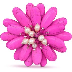 Double Sunflower Hot Dyed Pink Howlite and Cultured Freshwater White Pearl Floral Pin or Brooch