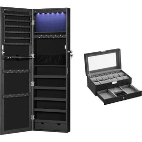SONGMICS 6 LEDs Mirror Jewelry Cabinet and 12-Slot Watch Box Bundle, Lockable, Wall or Door Mounted, Jewelry Armoire Organizer with Mirror, Drawer, Black and Gray Lining UJJC093B01 and UJWB012