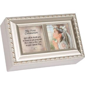 Cottage Garden First Communion God Beside You Brushed Silvertone Jewelry Music Box Plays Amazing Grace