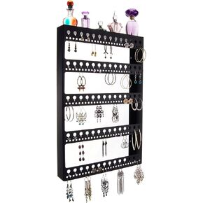 Angelynn's Wall Earring Holder Organizer for Big Large Hoop Long Post Stud Earrings Hanging Jewelry Closet Storage Rack with Shelf, Nichole Black