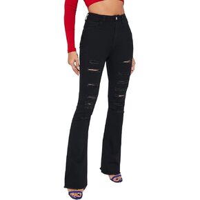 بنطلون جينز LONGBIDA نسائي ممزق ممزق ومتوهج عالي الخصر ومطاط ونحيف ومستقيم ومشرق من قماش الدنيم in Kuwait