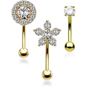 WILDKLASS 3 Pcs 316L Surgical Steel Curved Barbells/Eyebrow Rings Gem Box Package