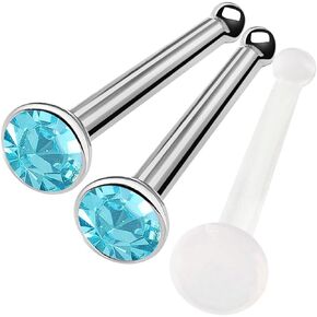 bodyjewellery 3Pcs 18g 1mm Nose Stud Bone Straight Bar Nostril Ring Surgical Stainless Steel with 2.5mm Crystal and 20g Retainer Pick Color