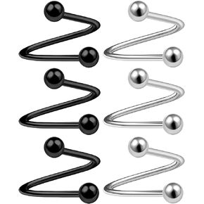 6Pcs Surgical Steel Black Anodized spiral barbell Piercing Jewelry Tragus Helix Lip Cartilage 3mm Ball More Choices
