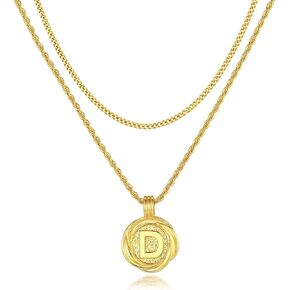 قلادات أولية بطبقات ذهبية رائعة للنساء، قلادة عملة معدنية مطلية بالذهب عيار 14 قيراط حرف A-Z مع سلسلة ربط حبل قابلة للتعديل، قلادة عصرية بطبقات للنساء والرجال in Kuwait