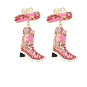 Rhinestone Western Cowboy Dangle Earrings for Women Girls Long Pink Crystal Cowgirl Boots Hat Nashville Statement Charms Drop Dangling Stud Earrings Fashion Nickel Free Festival Party Trip Y2K Jewelry Gifts