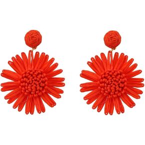 Boho Raffia Earrings Flower Statement Earrings for Women Cute Handmade Statement Raffia Drop Dangle Earrings for Girls, Summer Beach Vacation Jewelry