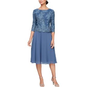 Alex Evenings Women's Tea Length Embroidered Mock Dress