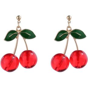 18K Gold Plated Fruit Earring 3D Green Leaf Red Cherry Charm Tassel Drop Stud Earrings-Red