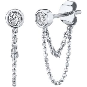 Chic Round CZ With Chain Stud Short Dangle Drop Cartilage Small Hoop Earrings for Women Girls Fashion Dainty 925 Sterling Silver Post Bead Threader Tassel Studs Minimalist Piercing Jewelry Gifts Bff Birthday