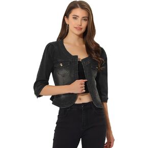 Allegra K Denim Jacket for Women's Collarless 2024 Cardigan Chest Pockets 3/4 Sleeve Crop Jean Jackets