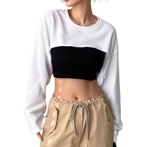 Verdusa Women's Casual Crewneck Long Sleeve Crop Tops Drop Shoulder Asymmetrical High Low Hem Sweatshirts Top