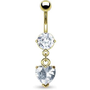 Forbidden Body Jewelry 14kt Gold Plated Surgical Steel Clear CZ Dangle Belly Button Ring with Crystal Heart Charm