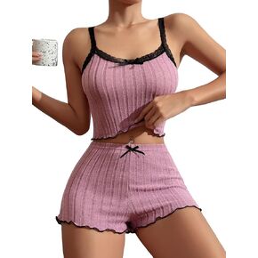 SweatyRocks Women's 2 Piece Lace Ribbed Knit Cami Top and Lettuce Trim Shorts Pajama Set Sleepwear Lounge Sets