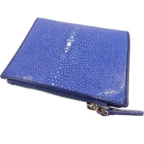 Genuine Polished Stingray Shagreen Skin Leather Zip Bifold Wallet (Carmine Red)
