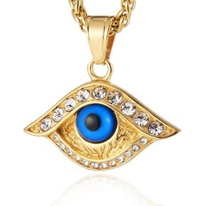 HZMAN 18k Gold Plated Iced Out Eye of Horus Egypt Protection Cross Dog Tag Pendant Stainless steel Necklace (Eye)