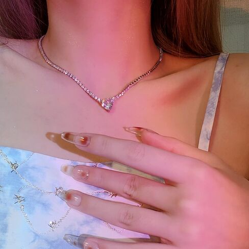 Cowlyn القلب الحب قلادة التنس المختنق 14K مطلية بالذهب / الفضة حجر الراين كريستال كلاسيكي جولة مكعب زركونيا سلسلة مجوهرات الزفاف للنساء in Kuwait