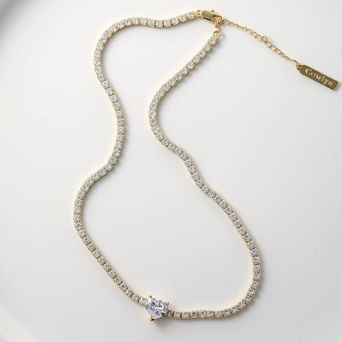 Cowlyn القلب الحب قلادة التنس المختنق 14K مطلية بالذهب / الفضة حجر الراين كريستال كلاسيكي جولة مكعب زركونيا سلسلة مجوهرات الزفاف للنساء in Kuwait