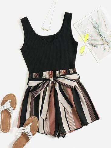 طقم شورت نسائي من MakeMeChic مصنوع من نسيج مضلع وحقيبة ورقية بحاشية الخصر مكون من قطعتين in Kuwait
