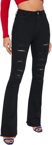 بنطلون جينز LONGBIDA نسائي ممزق ممزق ومتوهج عالي الخصر ومطاط ونحيف ومستقيم ومشرق من قماش الدنيم in Kuwait