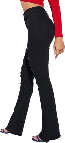 بنطلون جينز LONGBIDA نسائي ممزق ممزق ومتوهج عالي الخصر ومطاط ونحيف ومستقيم ومشرق من قماش الدنيم in Kuwait