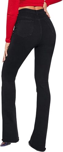 بنطلون جينز LONGBIDA نسائي ممزق ممزق ومتوهج عالي الخصر ومطاط ونحيف ومستقيم ومشرق من قماش الدنيم in Kuwait