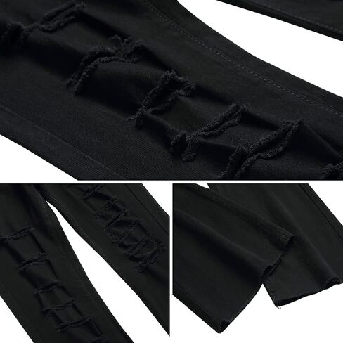 بنطلون جينز LONGBIDA نسائي ممزق ممزق ومتوهج عالي الخصر ومطاط ونحيف ومستقيم ومشرق من قماش الدنيم in Kuwait