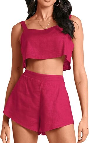 طقم ملابس صيفي للسيدات من Umenlele برقبة مربعة بدون أكمام وشورت مكون من قطعتين in Kuwait