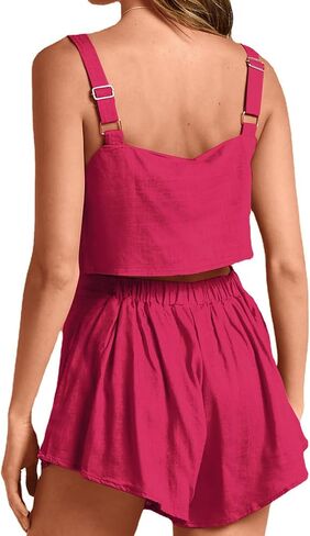 طقم ملابس صيفي للسيدات من Umenlele برقبة مربعة بدون أكمام وشورت مكون من قطعتين in Kuwait