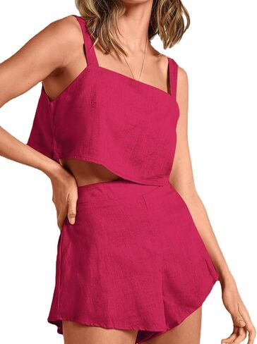 طقم ملابس صيفي للسيدات من Umenlele برقبة مربعة بدون أكمام وشورت مكون من قطعتين in Kuwait