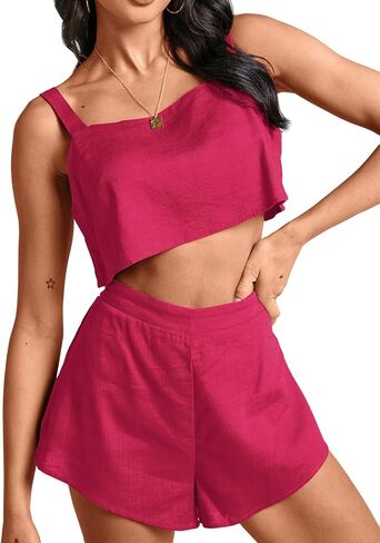 طقم ملابس صيفي للسيدات من Umenlele برقبة مربعة بدون أكمام وشورت مكون من قطعتين in Kuwait