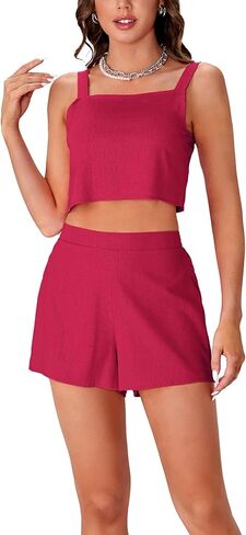 طقم ملابس صيفي للسيدات من Umenlele برقبة مربعة بدون أكمام وشورت مكون من قطعتين in Kuwait