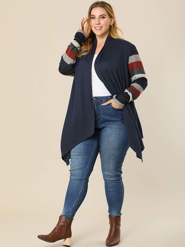 Agnes Orinda Women's Plus Size Cardigan Open Front Long Sleeve Lightweight 2023 Stripe Splicing Long Cardigans in Saudi Arabia