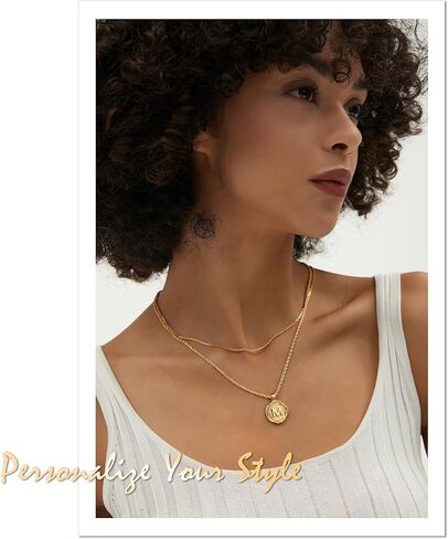 قلادات أولية بطبقات ذهبية رائعة للنساء، قلادة عملة معدنية مطلية بالذهب عيار 14 قيراط حرف A-Z مع سلسلة ربط حبل قابلة للتعديل، قلادة عصرية بطبقات للنساء والرجال in Kuwait