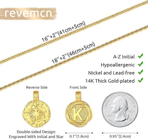 قلادات أولية بطبقات ذهبية رائعة للنساء، قلادة عملة معدنية مطلية بالذهب عيار 14 قيراط حرف A-Z مع سلسلة ربط حبل قابلة للتعديل، قلادة عصرية بطبقات للنساء والرجال in Kuwait