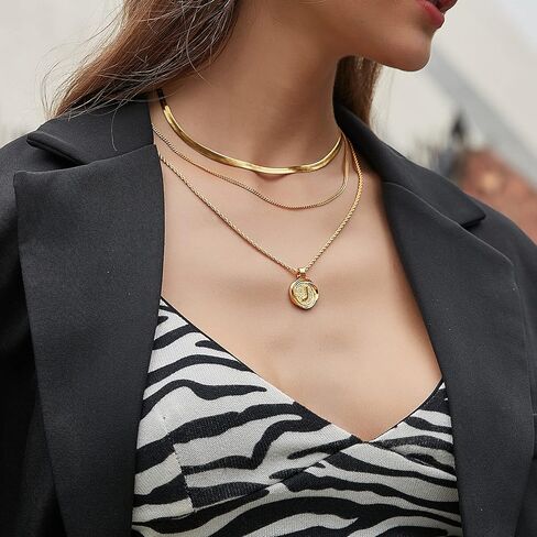 قلادات أولية بطبقات ذهبية رائعة للنساء، قلادة عملة معدنية مطلية بالذهب عيار 14 قيراط حرف A-Z مع سلسلة ربط حبل قابلة للتعديل، قلادة عصرية بطبقات للنساء والرجال in Kuwait