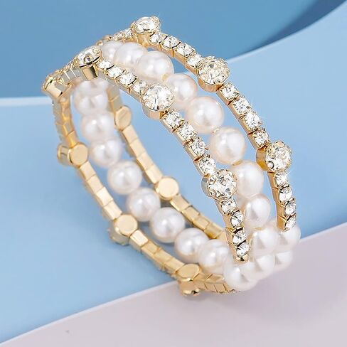 Adjustable Rhinestone Bracelet Classical Pearl Bracelet Bangle for Women Girls Jewelry in Saudi Arabia