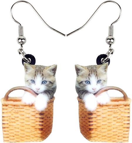 DUOWEI Sweet Basket Cat Kitten Earrings Acrylic Pets Dangle Drop Jewelry for Women Teens Girls Gifts in Saudi Arabia
