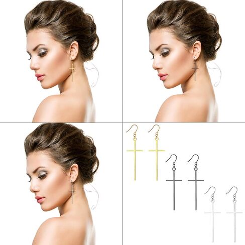 Cupimatch 3 Pairs Cross Dangle Pendant Earrings, Stainless Steel Ear Hook Earrings Set Fashion Jewelry Gifts for Women Girls in Saudi Arabia