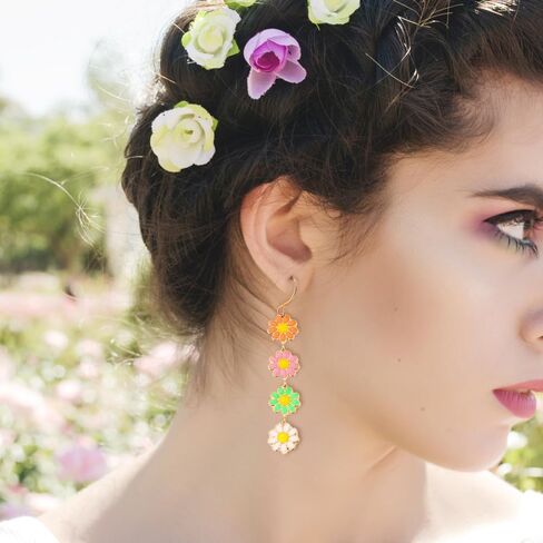 Colorful Daisy Flower Long Dangle Earrings Enamel Daisy Flower Dangling Earring Plant Sunflower Floral Earrings Spring Summer Jewelry for Women Girls in Saudi Arabia