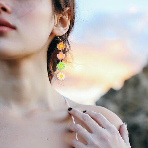 Colorful Daisy Flower Long Dangle Earrings Enamel Daisy Flower Dangling Earring Plant Sunflower Floral Earrings Spring Summer Jewelry for Women Girls in Saudi Arabia