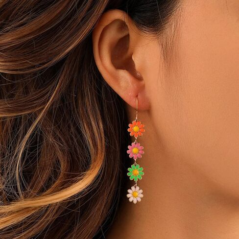 Colorful Daisy Flower Long Dangle Earrings Enamel Daisy Flower Dangling Earring Plant Sunflower Floral Earrings Spring Summer Jewelry for Women Girls in Saudi Arabia