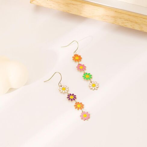 Colorful Daisy Flower Long Dangle Earrings Enamel Daisy Flower Dangling Earring Plant Sunflower Floral Earrings Spring Summer Jewelry for Women Girls in Saudi Arabia
