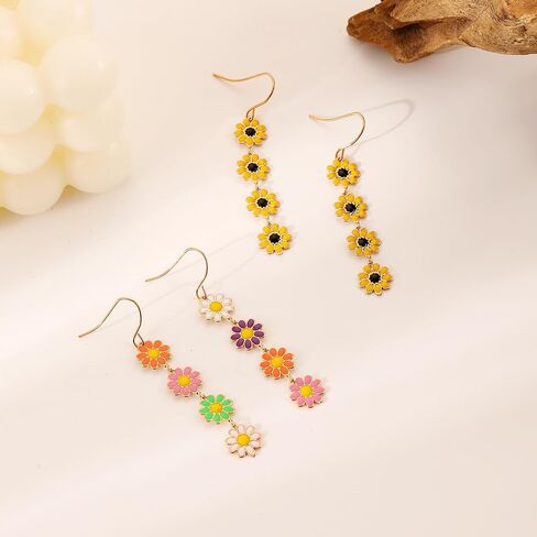 Colorful Daisy Flower Long Dangle Earrings Enamel Daisy Flower Dangling Earring Plant Sunflower Floral Earrings Spring Summer Jewelry for Women Girls in Saudi Arabia