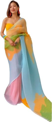 Womens Stylish Cotton Linen sarees for women saree With Boluse Piece Latest Indian Style Saree, Tri-Color in Saudi Arabia