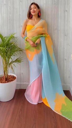Womens Stylish Cotton Linen sarees for women saree With Boluse Piece Latest Indian Style Saree, Tri-Color in Saudi Arabia